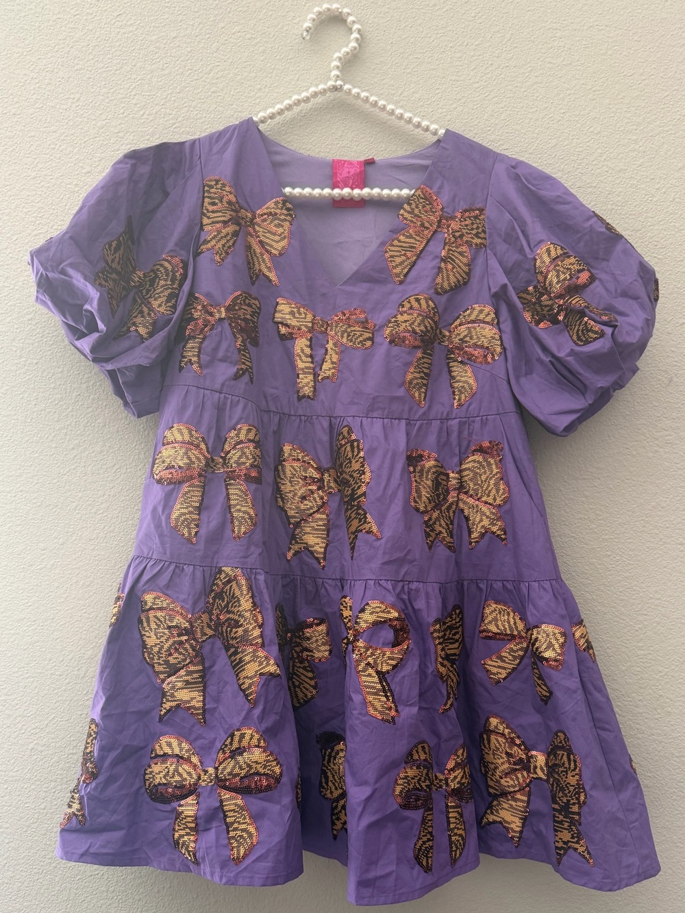 BRAND NEW  • QUEEN OF SPARKLES • QOS • PURPLE TIGER STRIPED BOWS DRESS • SIZE XS